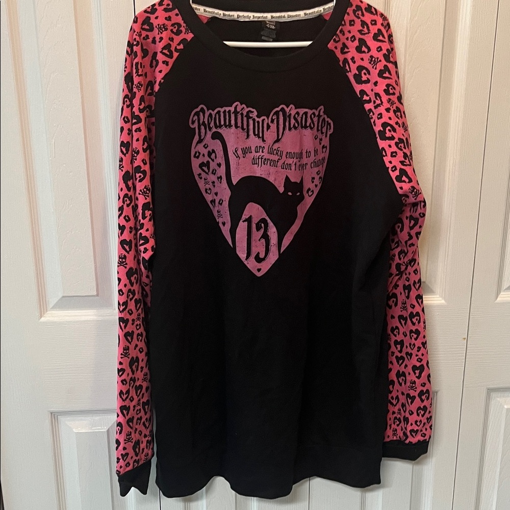 Beautiful Disaster Black Sweatshirt with Hot Pink Leopard Raglan Sleeves